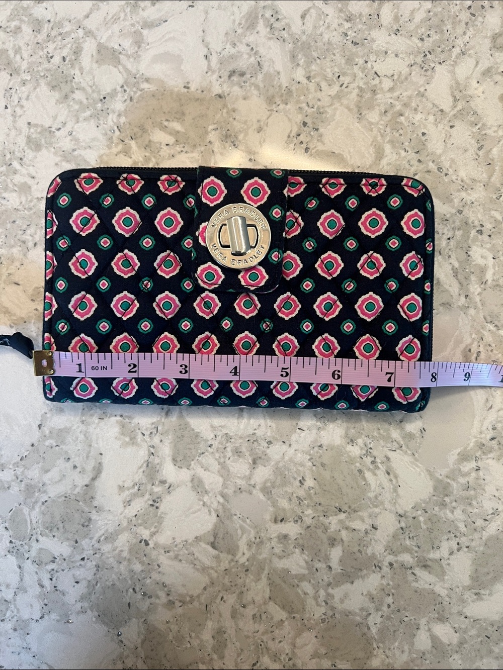 Vera Bradley Preppy Turnlock Quilted Wallet Pink/Green/White/Navy (Petal Dots) - Picture 6 of 7